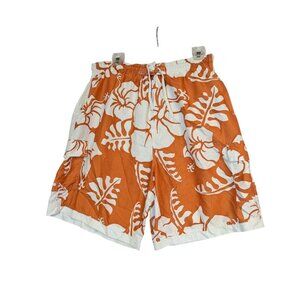 Vintage Castaways Hawaiian Print Orange & White Swim Shorts L 36/38 Elastic Wais